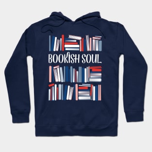 Bookish soul // oxford navy blue bookshelf background neon red flesh coral white classic and pastel blue books Hoodie